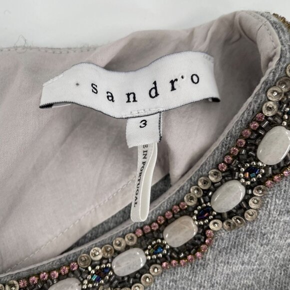 Sandro Gray Wool Cashmere Blend Long Sleeve Dress Womens 8 Embellished Neckline - Picture 6 of 13